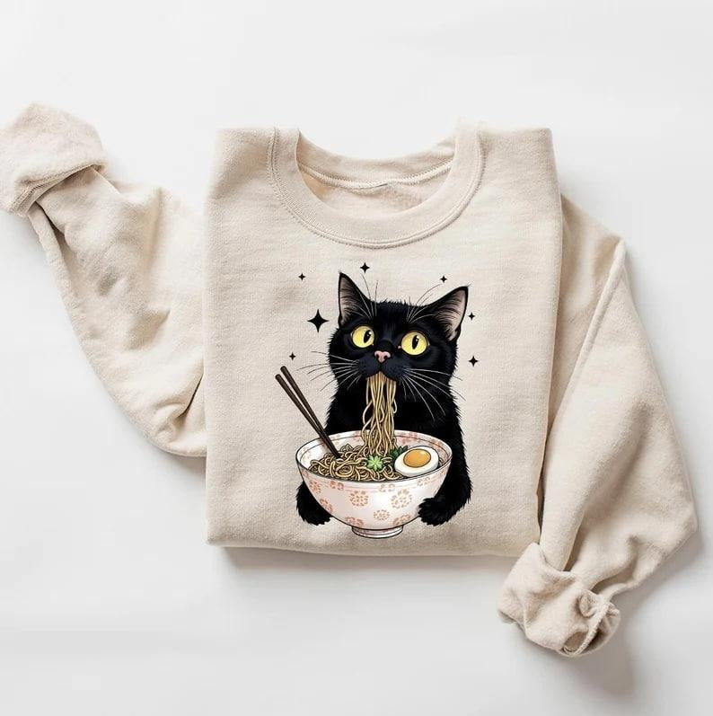 Noodle Cat Shirt, Ramen Cat T-Shirt, Foodie Lover Shirts, Black Cat Noodle T-Shirts, Retro Cat Tees, Black Cat Shirt, Cat Lover Sweatshirts
