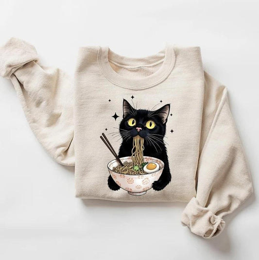 Noodle Cat Shirt, Ramen Cat T-Shirt, Foodie Lover Shirts, Black Cat Noodle T-Shirts, Retro Cat Tees, Black Cat Shirt, Cat Lover Sweatshirts