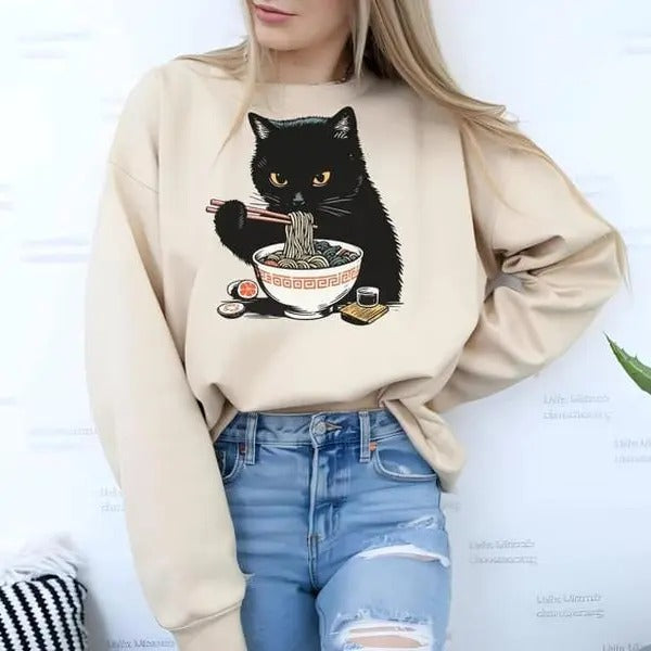 Noodle Cat Shirt, Ramen Cat T-Shirt, Foodie Lover Shirts, Black Cat Noodle T-Shirts, Retro Cat Tees, Cat Lover Sweatshirts, Black Cat Tee