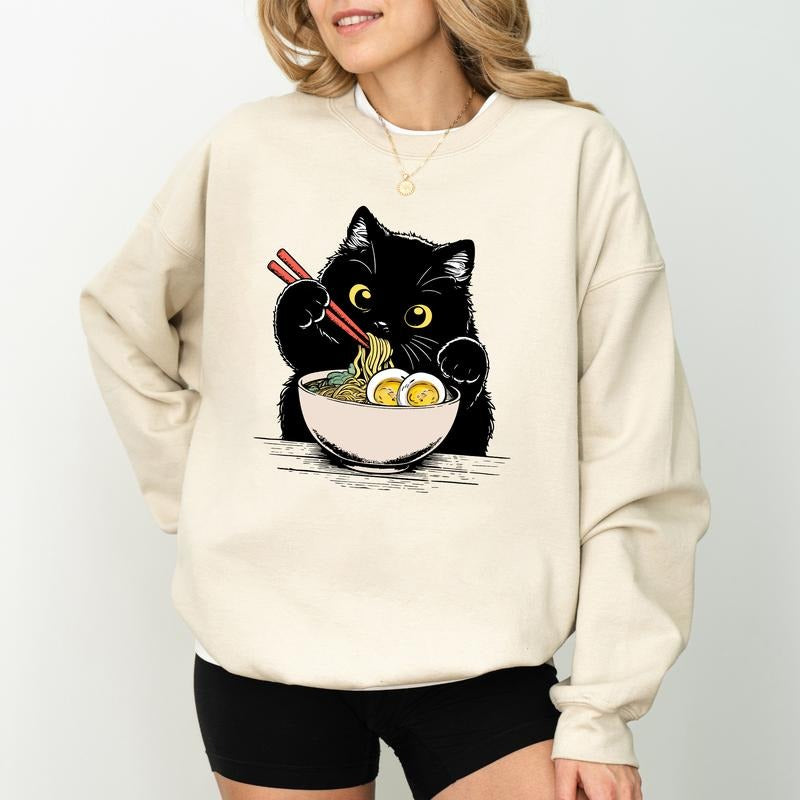 Noodle Cat Sweatshirt, Cute Black Cat With Ramen Crewneck, Cat Lover Long Sleeved Pullover, Anime Lover Unisex Sweater