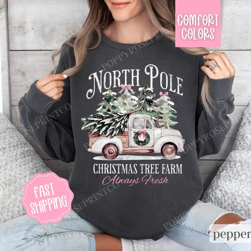 North Pole Tree Farm Comfort Colors Sweatshirt, Christmas Sweater Womenswear, Holiday Crewneck