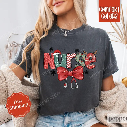 Nurse Christmas Shirt Comfort Colors, RN Xmas Tshirt, Women's Holiday Tee