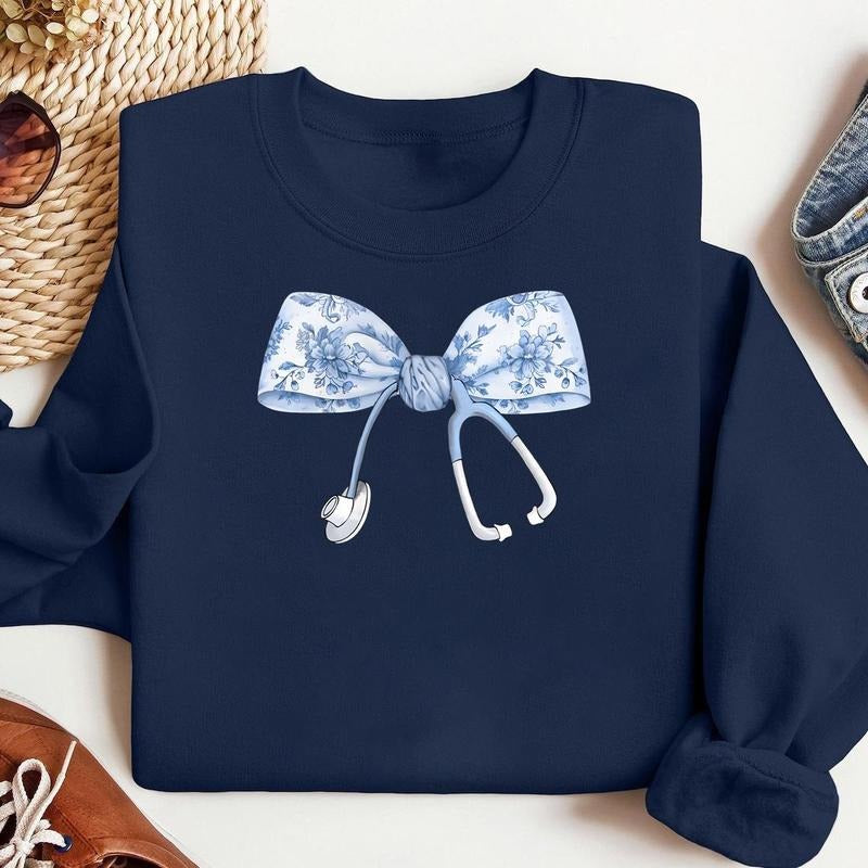 Nurse Coquette Toile bow Sweatshirt, Retro Nurse RN, Unisex Stethoscope Crewneck Sweatshirt, Nursing School, Nurses Week Appreciation, For Men, For Women, Casual Classic Fashion Cotton