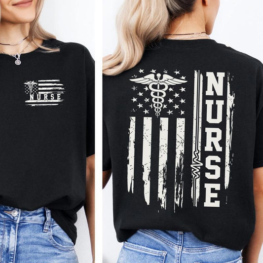 Nurse Flag T-shirt, American Flag Nurse Shirt, Nursse Appreciation Gift, Full-Color Casual Womenswear Top, Perfect Gift, For Men, For Women