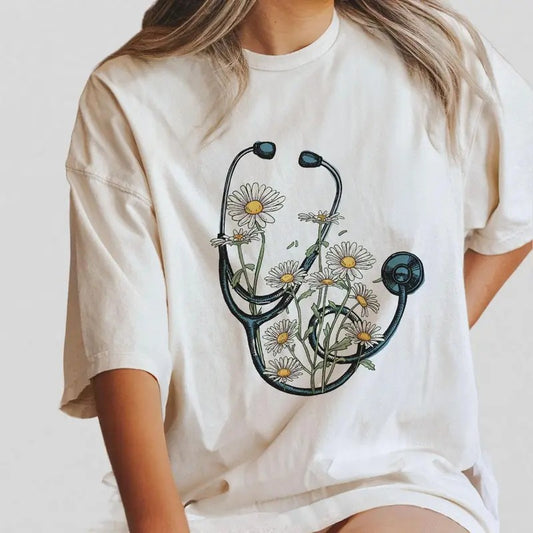 Nurse Flowal Stethoscope Sweatshirt, Nursing Flower Tee, Cotton Round Neck Tee, Unisex Tshirt for Men and Women, Menswear, Womenswear, Lady Top Fabric Comfort Printed