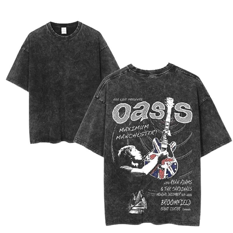 Oasis Maximum Manchester Graphic Tee, Vintage Rock Concert Shirt, Union Jack Guitar Design, Retro Rock Band Tee, Double-Sided Graphic Design, Casual Streetwear, Unisex Cotton Shirt