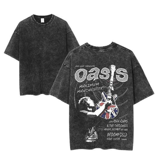 Oasis Maximum Manchester Graphic Tee, Vintage Rock Concert Shirt, Union Jack Guitar Design, Retro Rock Band Tee, Double-Sided Graphic Design, Casual Streetwear, Unisex Cotton Shirt