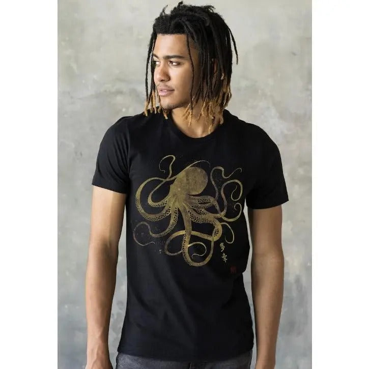 Octopus Japanese Calligraphy T Shirt Gyotaku Traditional Art Japan Anime Manga Gold Print Yoga Martial Arts Samurai Mens Womens Printed Tee Made in USA