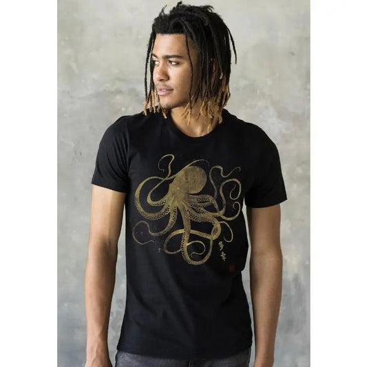 Octopus Japanese Calligraphy T Shirt Gyotaku Traditional Art Japan Anime Manga Gold Print Yoga Martial Arts Samurai Mens Womens Printed Tee Made in USA