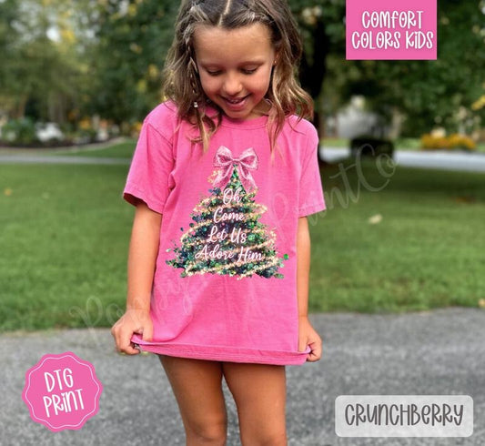 Oh Come Let Us Adore Him Pink Glitter Youth Comfort Colors Tshirt, Christmas Tee for Kids