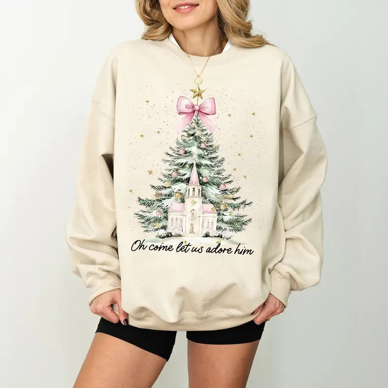 Oh Come Let Us Adore Him Sweatshirt, Coquette Bow Christmas Tree Shirt, Nativity Christmas Tee, Sweatshirt