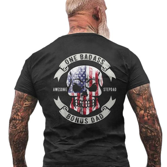 One Badass Bonus Dad Shirt, Vint*ge Skull Stepdad Tshirt, Birthday Fathers Day Gift, Men's Back Print Tee, Unisex Short Sleeve Tee, Classic Streetwear