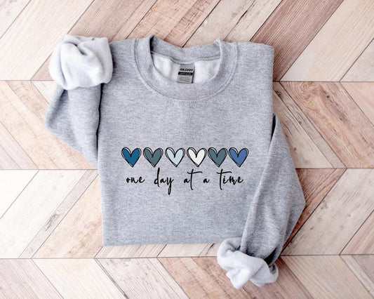 One Day At A Time Sweatshirt, Mental Health, Wellness, Hearts Sweatshirt, Women's Crew Neck, Crewneck Casual Comfort Womenswear Comfortable & Graphic