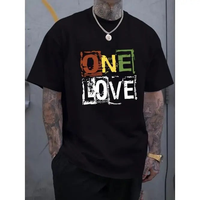 One Love Letter Print Men's Short Sleeve T-Shirts, Comfy Casual Elastic Crew Neck Tops For Men's Outdoor Activities Made in USA
