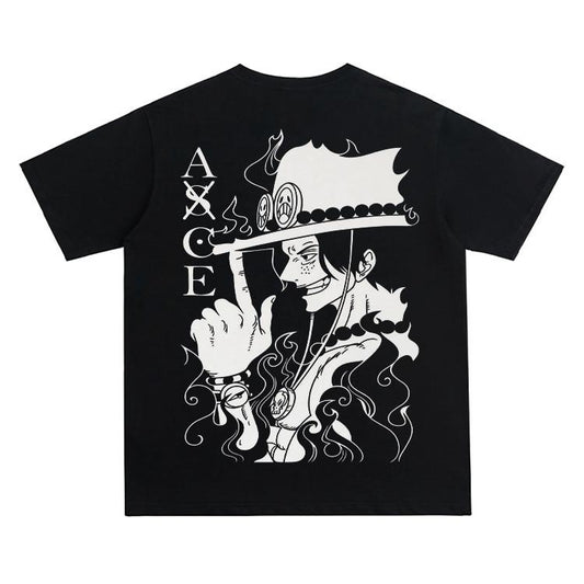 One Piece "Portgas D. Ace" Heavyweight Vintage Tee 100% Cotton OVERSIZED Anime T-shirt Menswear Top Crew Necks Tshirt Casual Streetwear Black Crewneck Tropical Shortsleeve