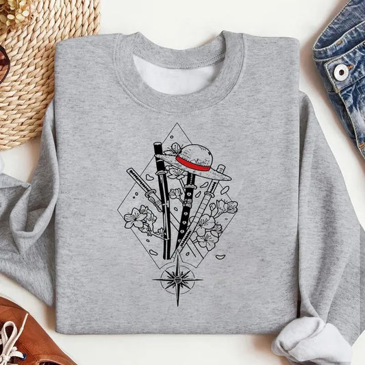 One Piece Sword Sweatshirt, Minimalist Manga-Inspired Sweatshirt, Iconic Straw Hat Design, Perfect for Anime Enthusiasts Unisex, For Men, For Women, Casual Classic Fashion Cotton