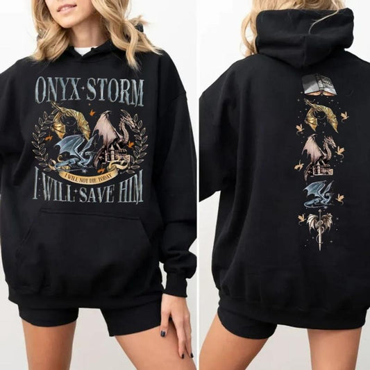 Onyx Storm T Shirt 2 Sides, Fourth Wing Series Sweatshirt, Dragon Rider Hoodie, Bookish Tee Gift For Book Lover, Fantasy Book, Tairn & Andarna, Unisex Sweater Pullover Tee