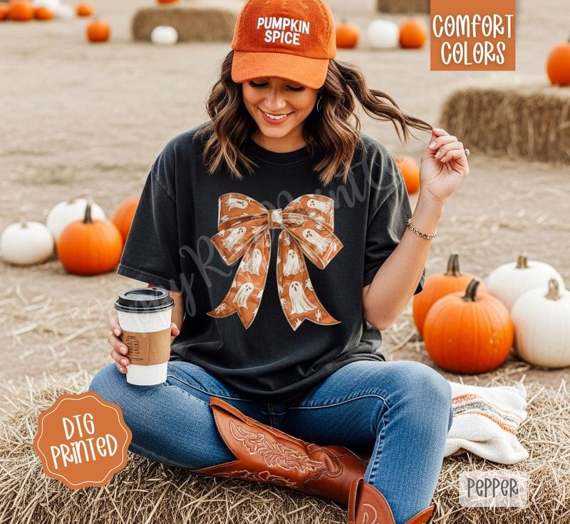 Orange Ghost Bow Comfort Colors, Trendy Women's Autumn Tshirt