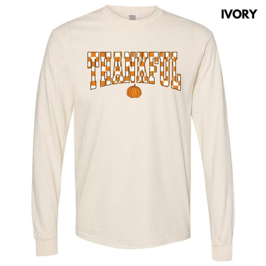 Orange Thankful Checkered  Long Sleeve Comfort Colors T-Shirt 'NLB'