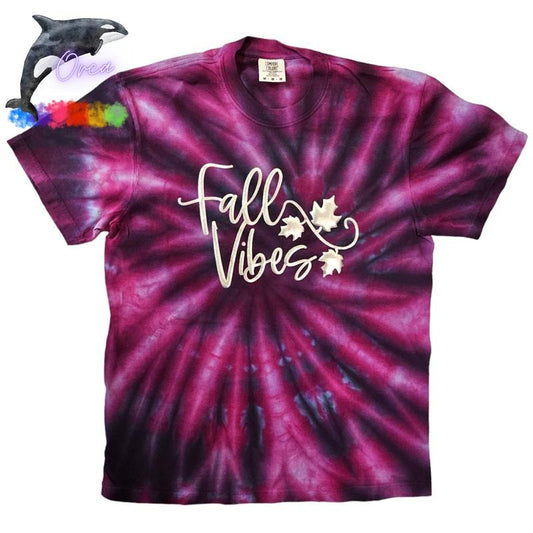 Orca ~ FALL VIBES Metallic Silver Puff on Spiral Tie Dye T-shirts ~ Comfort Colors ~ Fall Women Shirts Womenswear