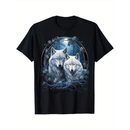 Outdoor men's crew neck T-shirt, comfortable and breathable, wolves in the forest at night and moon fantasy art wildlife T-shirt, everything goes well Made in USA