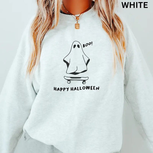 Oversized Halloween Crewneck, Skater Ghost Crewneck, Happy Halloween Sweatshirt Graphic Oversized Halloween Graphic Crewneck, Cotton Pullover Spooky Season Sweater