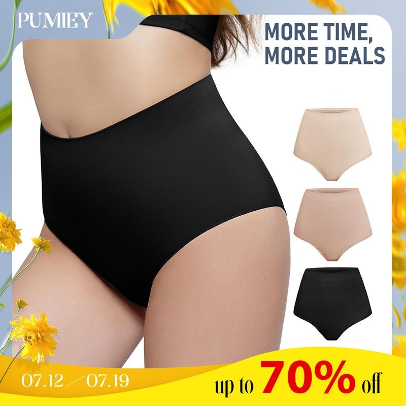 PUMIEY 3 Pack Womens Shapewear Panties Tummy Control Shaper Underwear Mid Waist Faja Cotton Compression Womenswear Comfortable Smooth Comfy Pockets