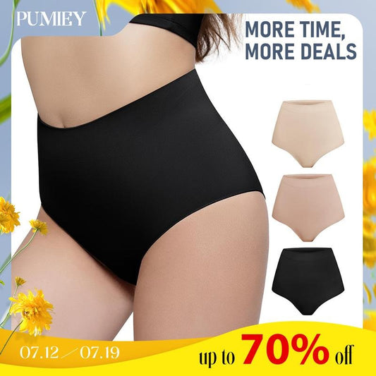 PUMIEY 3 Pack Womens Shapewear Panties Tummy Control Shaper Underwear Mid Waist Faja Cotton Compression Womenswear Comfortable Smooth Comfy Pockets
