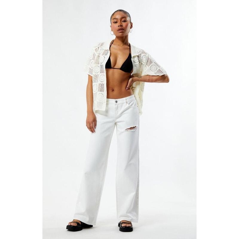 PacSun Women's Eco White Ripped Low Rise Wide Leg Jeans