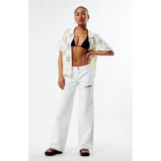 PacSun Women's Eco White Ripped Low Rise Wide Leg Jeans