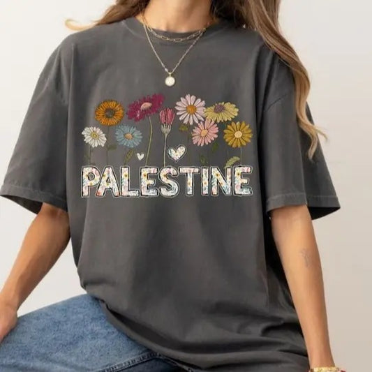 Palestine Shirt, Flowers Style Arabic Comfortable T-shirt, Palestine Rings T shirt, Gifts Palestine, Free PalestineTee, Gift for her Cotton Fabric Top Traditional Womenswear Collar Garment Soft