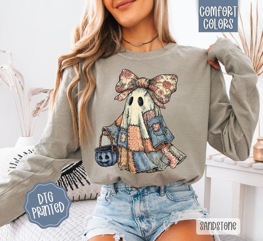 Patchwork Ghost Comfort Colors Long Sleeve T-Shirt, Cute Women's Halloween Tee
