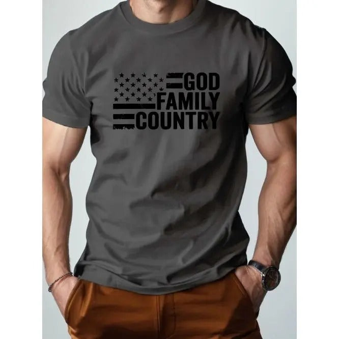 Patriotic Comfort - Soft Pure Cotton Mens T-Shirt with Bold GOD FAMILY COUNTRY Design - Perfect Fit for Style and Pride Made in USA