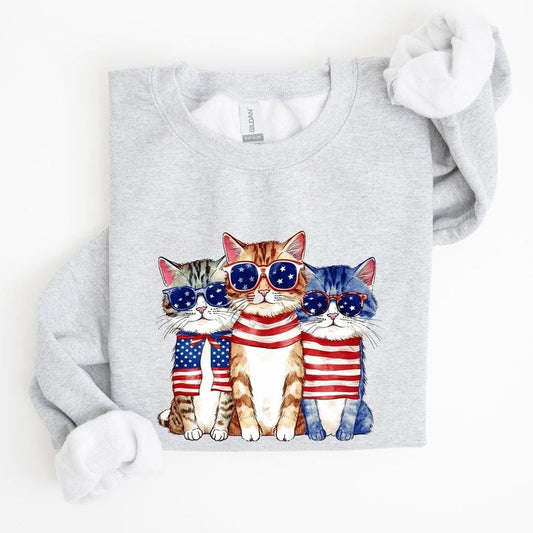 Patriotic Hippie Cats, Funny,  4th of July Sweatshirt, Women's Crew Neck, Crewneck