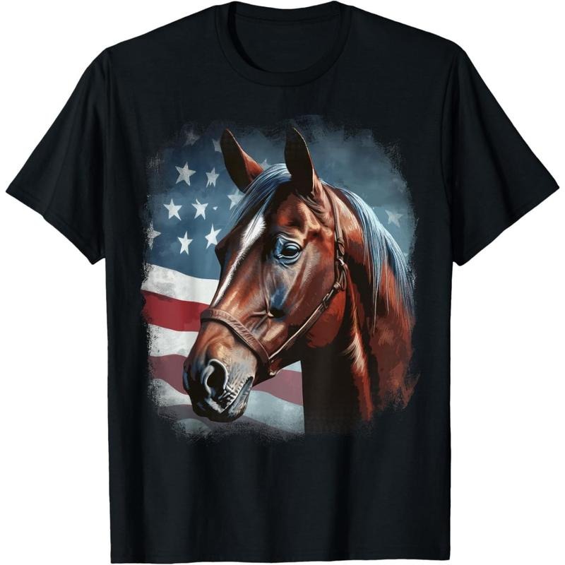 Patriotic Horse American Flag Horseback Riding Western Farm T-Shirt made in usa
