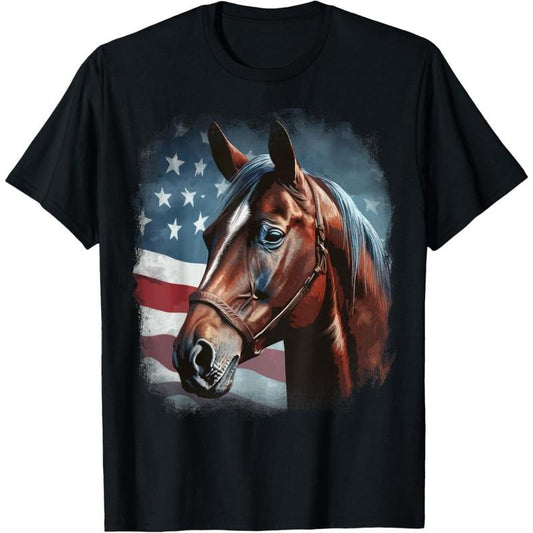 Patriotic Horse American Flag Horseback Riding Western Farm T-Shirt made in usa
