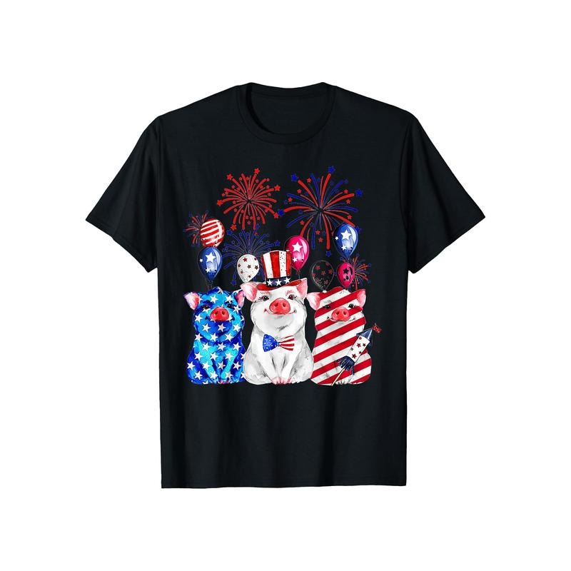 Patriotic Pig Fireworks & American Flag Graphic T-Shirt, 100% Cotton, Classic Crew Neck, Slight Stretch Fabric, Solid Color with Pattern Detail, Regular Fit, for Adults, All-Season, Ideal Gift for Men, Dad, Husband, Grandfather, Fits S-XXXL made in usa