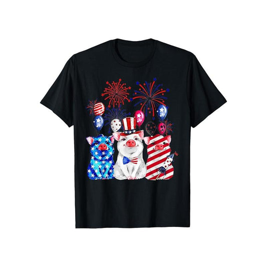 Patriotic Pig Fireworks & American Flag Graphic T-Shirt, 100% Cotton, Classic Crew Neck, Slight Stretch Fabric, Solid Color with Pattern Detail, Regular Fit, for Adults, All-Season, Ideal Gift for Men, Dad, Husband, Grandfather, Fits S-XXXL made in usa