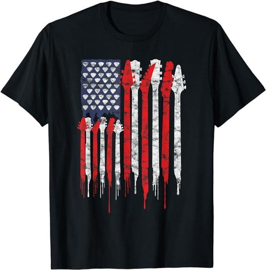 Patriotic Shirts For Men, American Flag Guitar Red White Patriotic Music Lover T-Shirt Menswear Top Casual Cotton Basic Fashion
