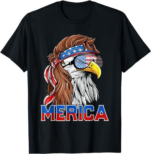 Patriotic Shirts For Men, Bald Eagle Mullet Merica American Flag Patriotic 4th Of July T-Shirt Menswear Top Casual Cotton Basic Fashion