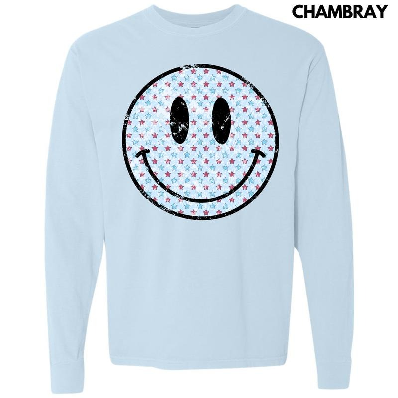 Patriotic Stars Happy Face Long Sleeve Comfort Colors T-Shirt 'NLB'