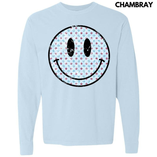 Patriotic Stars Happy Face Long Sleeve Comfort Colors T-Shirt 'NLB'