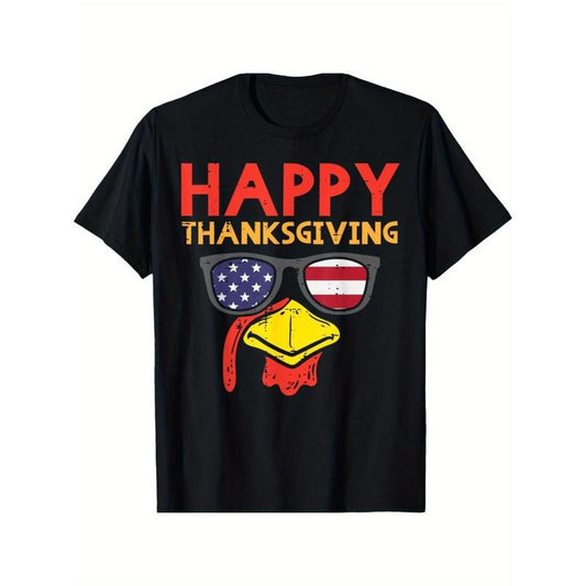 Patriotic Thanksgiving Turkey & American Flag Graphic Tee - Cotton, Crew Neck, Short Sleeve for Men & Women - Perfect for Casual Wear & Outdoor Activities Made in USA