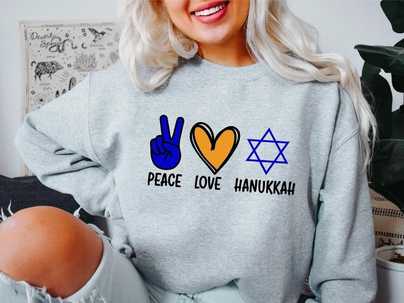 Peace Love Hanukkah Sweatshirt, Hanukkah Hoodie, Unisex Jewish Celebration Sweatshirt, Religious Hoodie, Holiday Gift Sweater For Jewish, Menorah Long Sleeve.