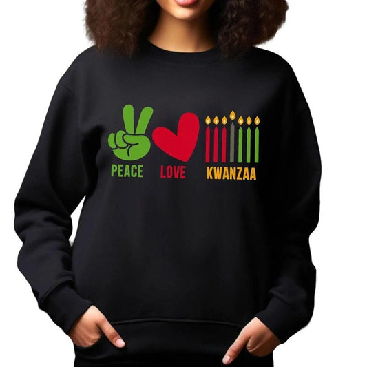 Peace Love Kwanzaa Sweatshirt, African American Cultural Sweatshirt, Kwanzaa Candles Tee, Black History Shirt, Kwanzaa African Holiday Tee