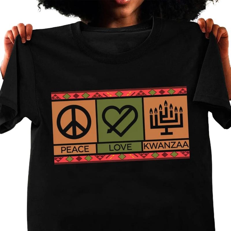 Peace Love Kwanzaa Unisex Tee,  African American Cultural Shirt, Kwanzaa Candles Tee, Black History Shirt, Kwanzaa African Holiday Tee Classic Cotton Top