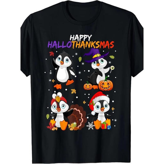 Penguin Happy Hallothanksmas Halloween Thanksgiving Xmas T-Shirt Made in USA