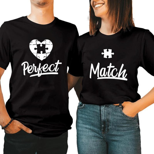 Perfect Match Puzzle Couple Matching TShirt Cotton Fabric Casual Streetstyle Crew Neck Short Sleeve T-Shirt Trendy Tops for Women for Men, Date Gifts