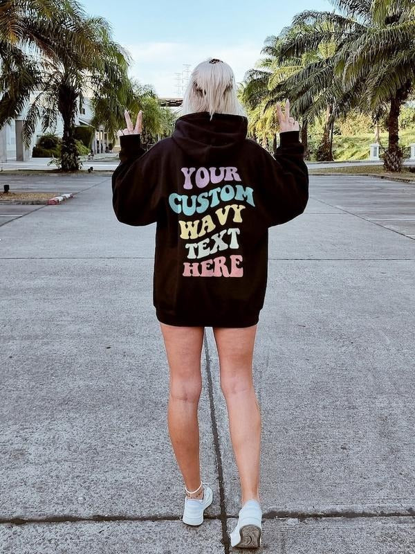 Personalised Retro Print Hoodie - Custom Text Retro Font Hoodie Back Print - Personalized Wording Retro Hoodie With Words On Back