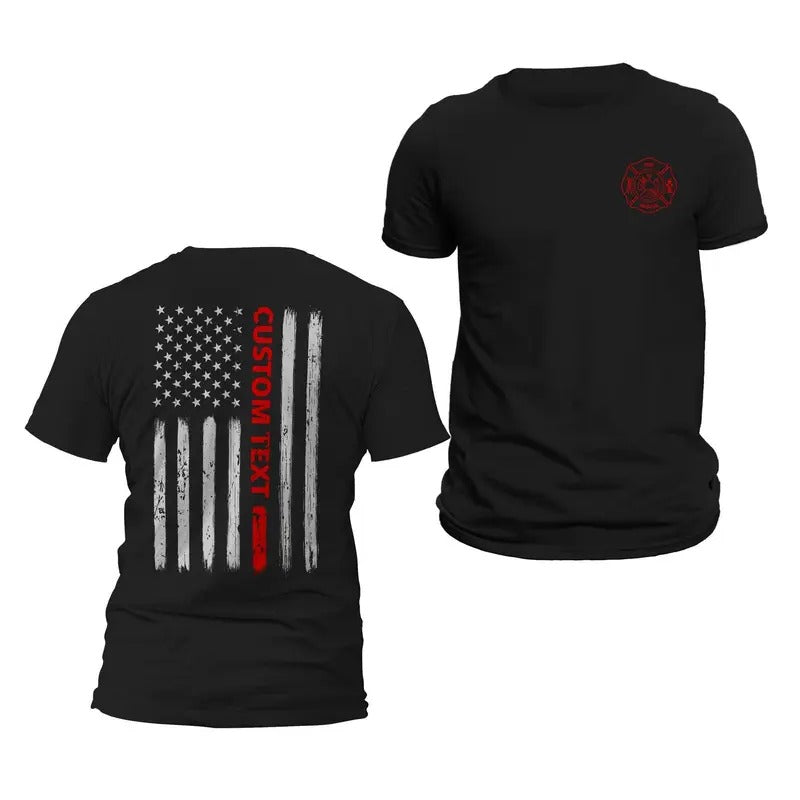 Personalized Custom Text Thin Red Line Firefighter T-Shirt - Classic Crewneck Design - Casual Cotton Menswear